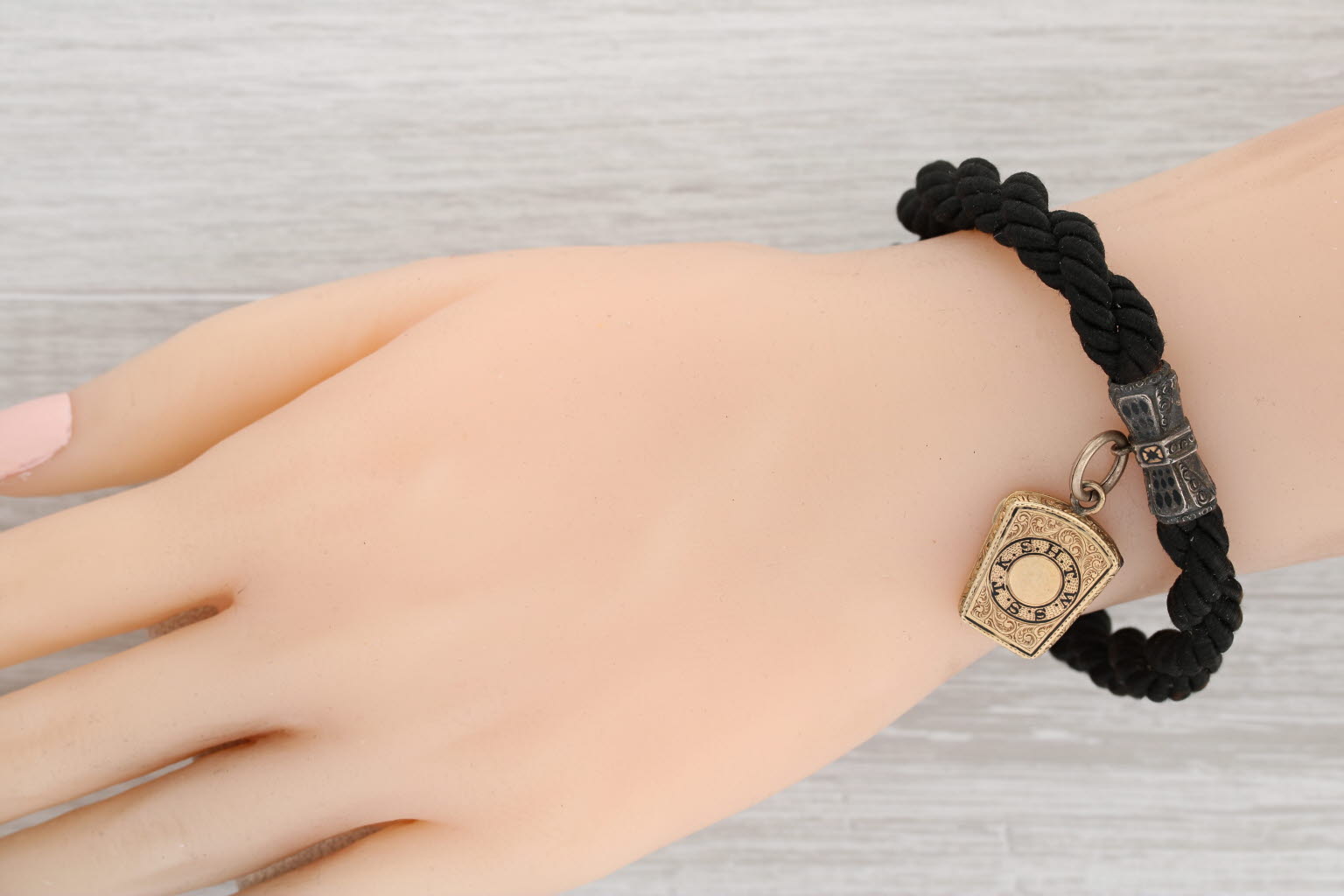 Gray Royal Arch Masonic Keystone Locket Bracelet Woven Cord 14k Gold Silver 9.25"