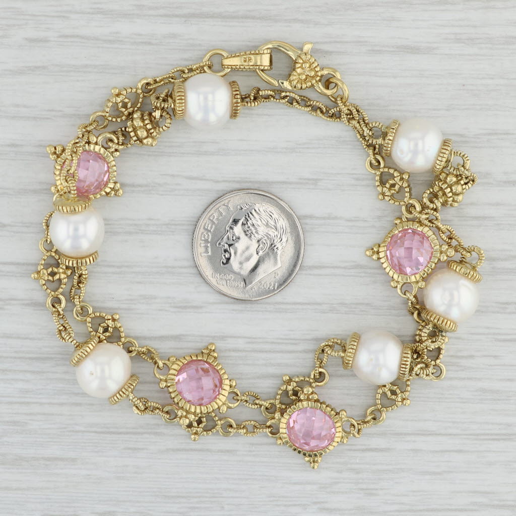 Light Gray Judith Ripka Pink Topaz Pearl Station Necklace 18k Yellow Gold Cable Chain 16.5"