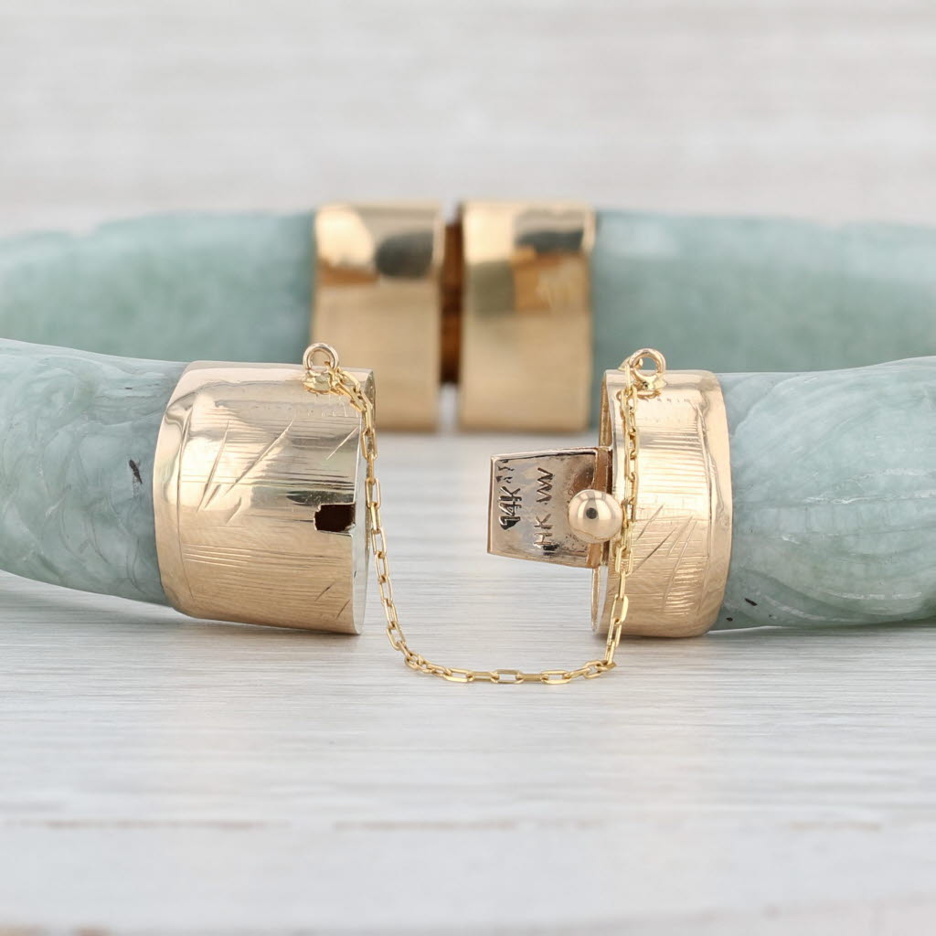 Light Gray Carved Jade Dragon Bangle Bracelet 14k Gold Green Jadeite 7" Asian Statement