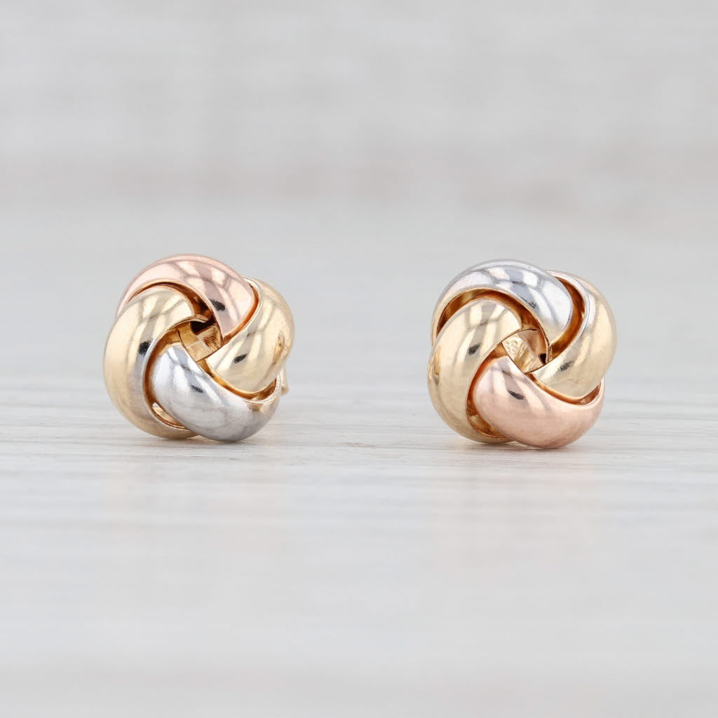 Light Gray New Tri-Toned Love Knot Earrings 14k Yellow Rose White Gold Pierced Studs