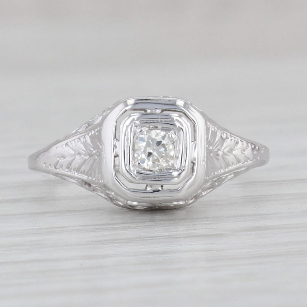 Gray Art Deco VS2 Diamond Solitaire Ring 18k White Gold Sz 4.25 Vintage Heart Bridge