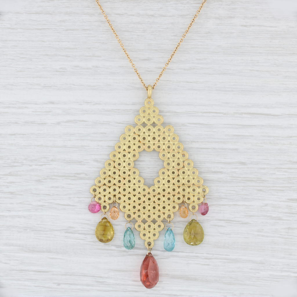 Light Gray Mallary Marks Tibetan Lace Gemstone Statement Pendant Necklace 18k Gold 17.5"