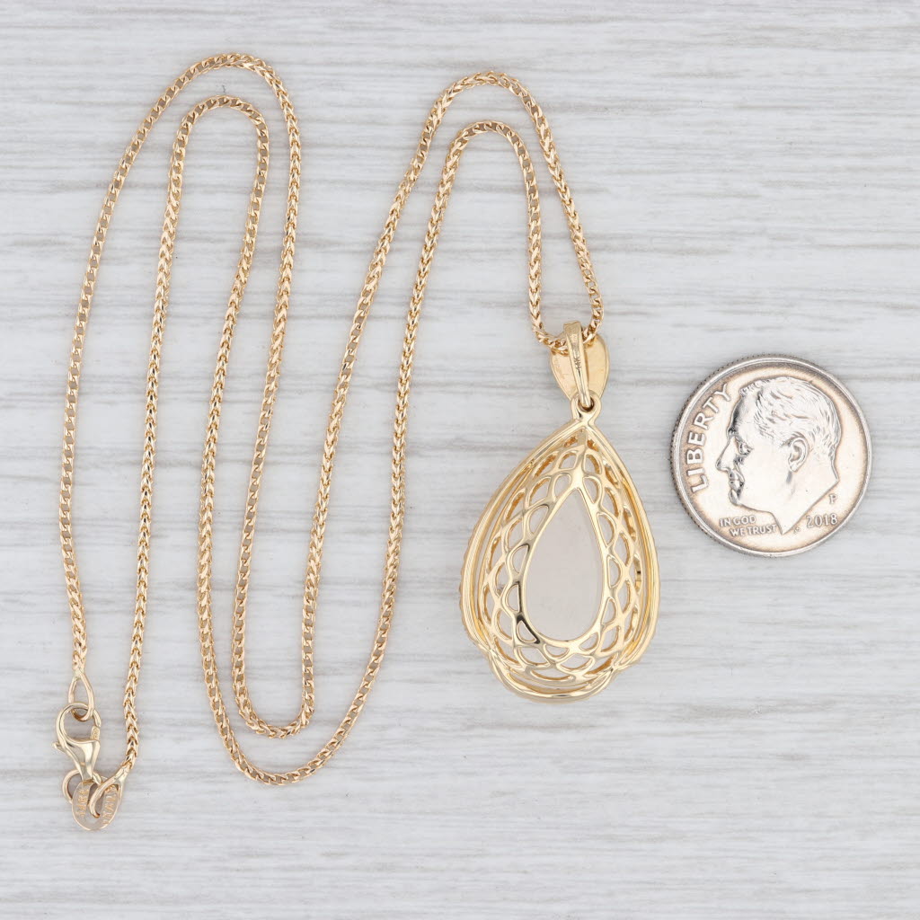 Light Gray Nephrite Jade Teardrop Diamond Halo Pendant Necklace 14k Yellow Gold 17.5"