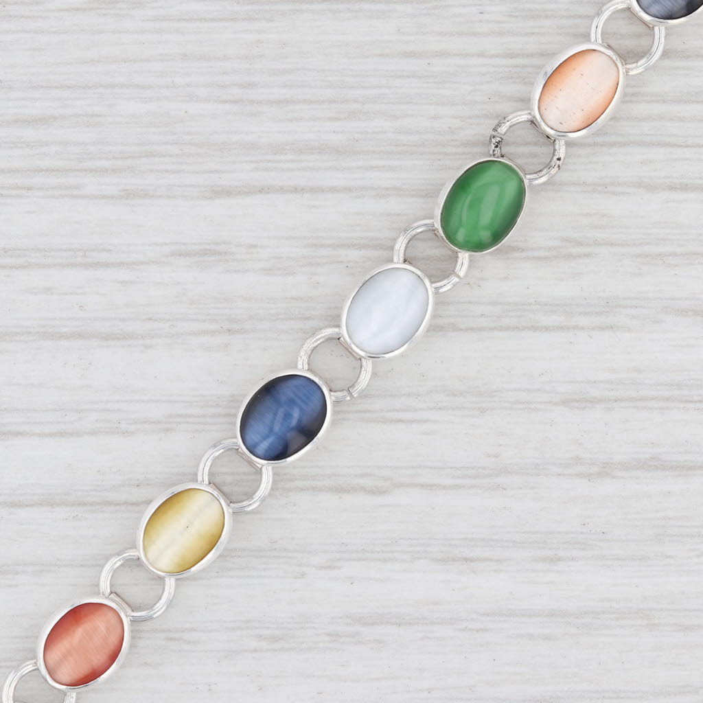 Light Gray New Multi Color Glass Link Bracelet Sterling Silver 7.25” Chain Toggle Clasp
