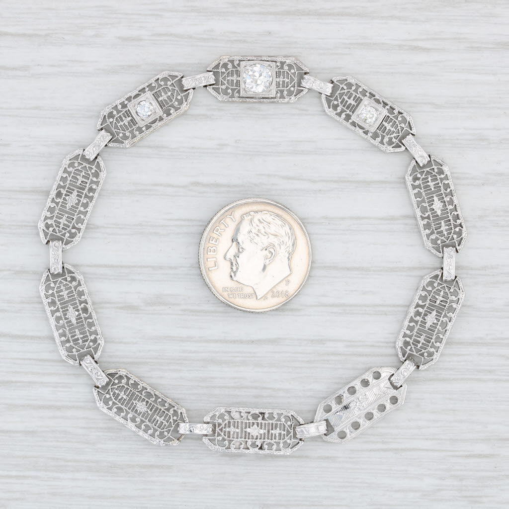 Light Gray Art Deco Diamond Bracelet Platinum Silver 14k Gold 7" Antique Filigree 3 Stone