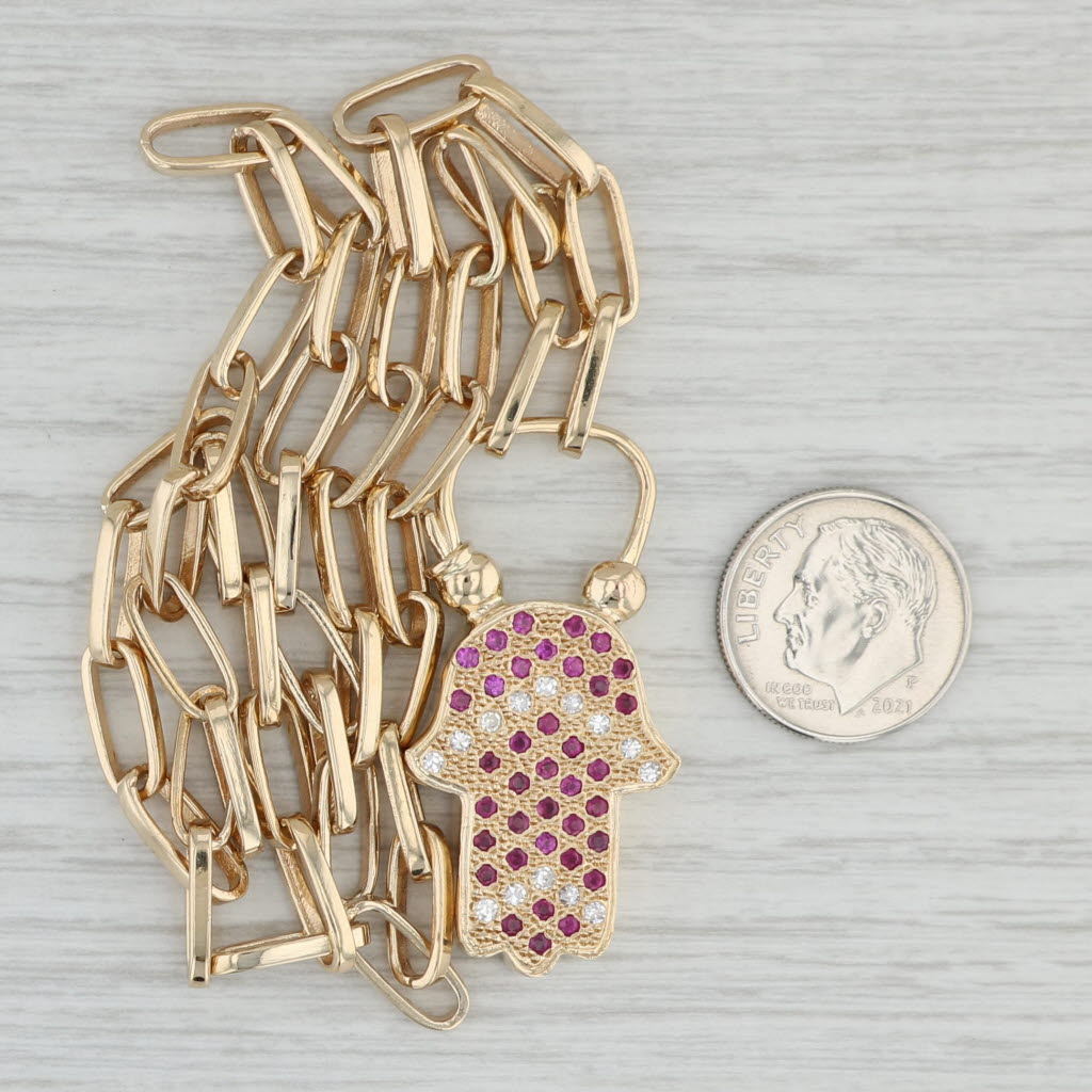 Light Gray 0.70ctw Ruby Diamond Hamsa Hand Pendant Necklace 14k Yellow Gold Paperclip Chain