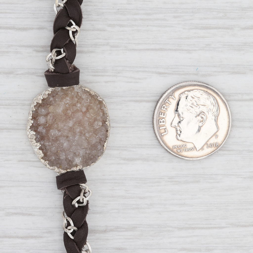 Light Gray New Tags Nina Nguyen Druzy Quartz Cordelia Necklace Woven Dark Brown Leather