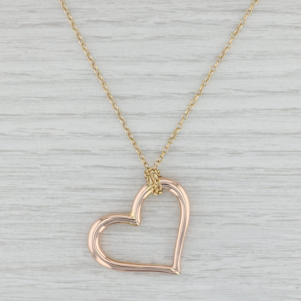 Light Gray 14k Rose Gold Heart Pendant Yellow Gold Necklace 17.5" Rolo Chain Statement