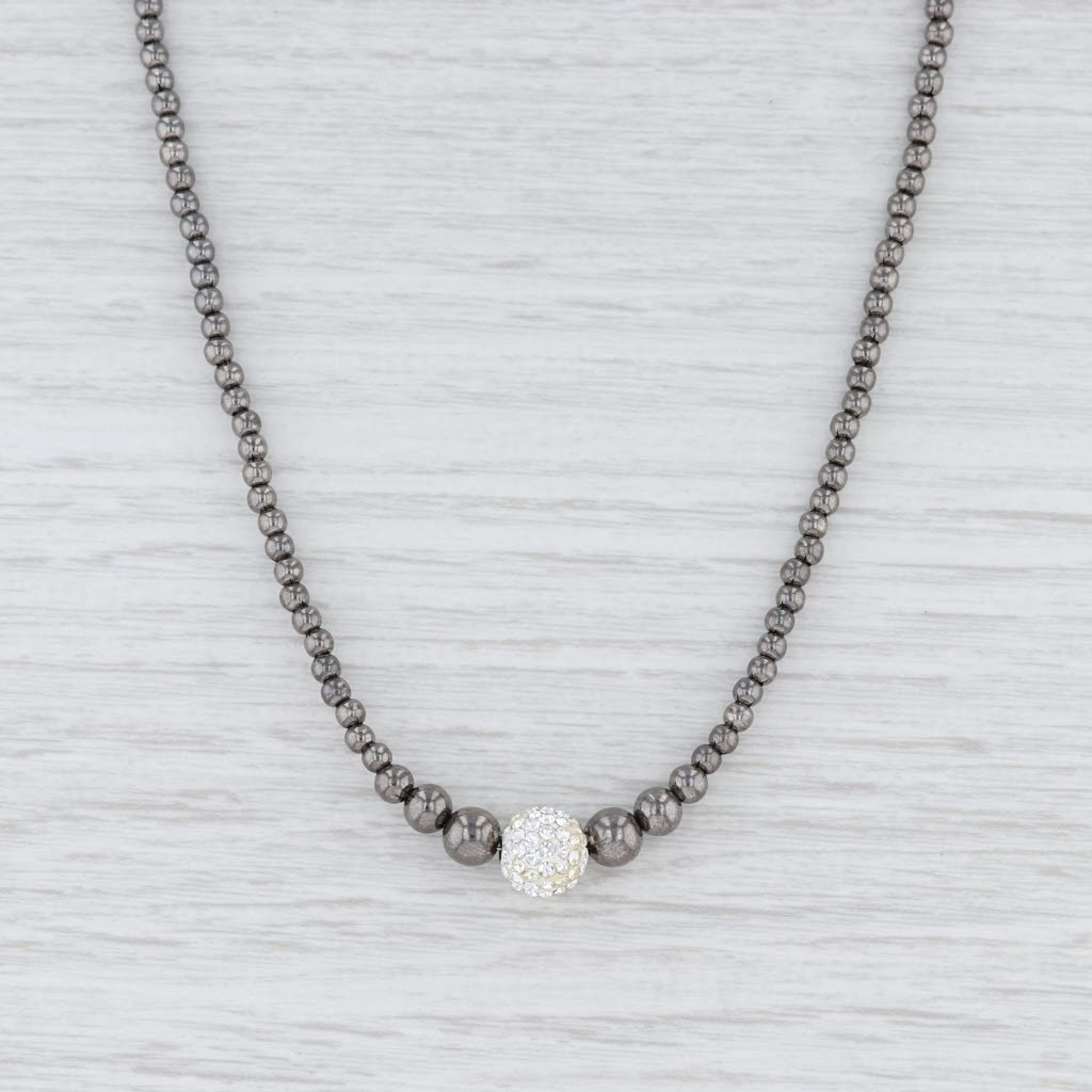 Light Gray New Clear Crystal Gray Hematite Bead Necklace Sterling Silver 17"