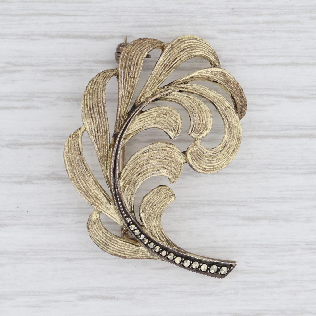 Light Gray Vintage S Christian Germany Feather Brooch Sterling Silver Gold Vermeil Pin