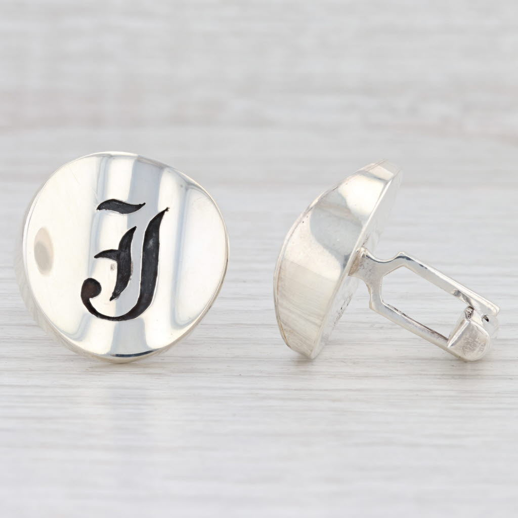 Light Gray Initial "J" Cufflinks Sterling Silver Old English Letter Taxco Artisan Signed