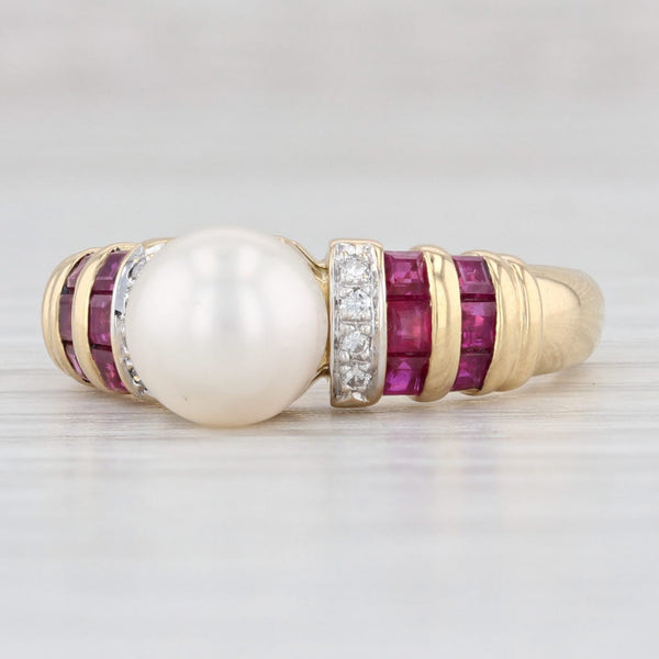 Light Gray Cultured Pearl Ruby Diamond Ring 18k Yellow Gold Size 7