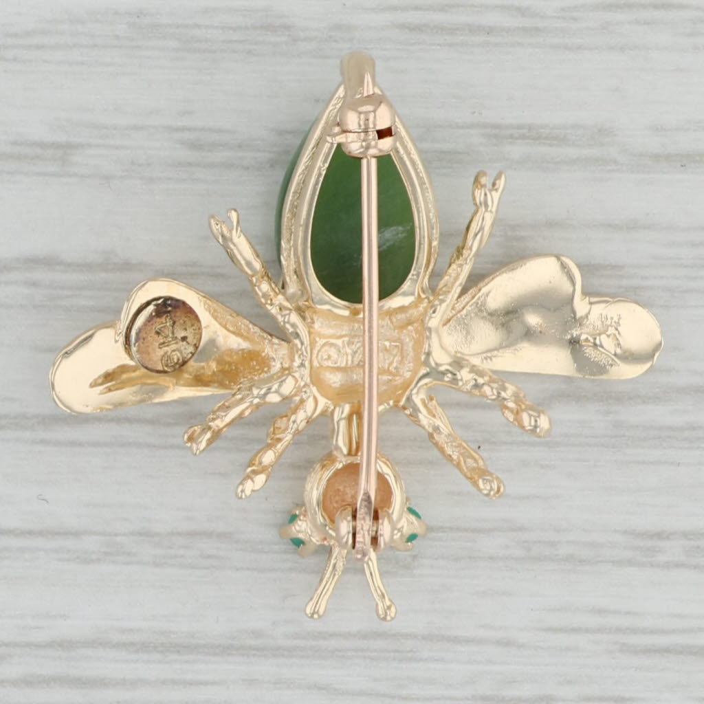 Gray Flying Insect Brooch 14k Gold Green Serpentine Chalcedony Vintage Pin