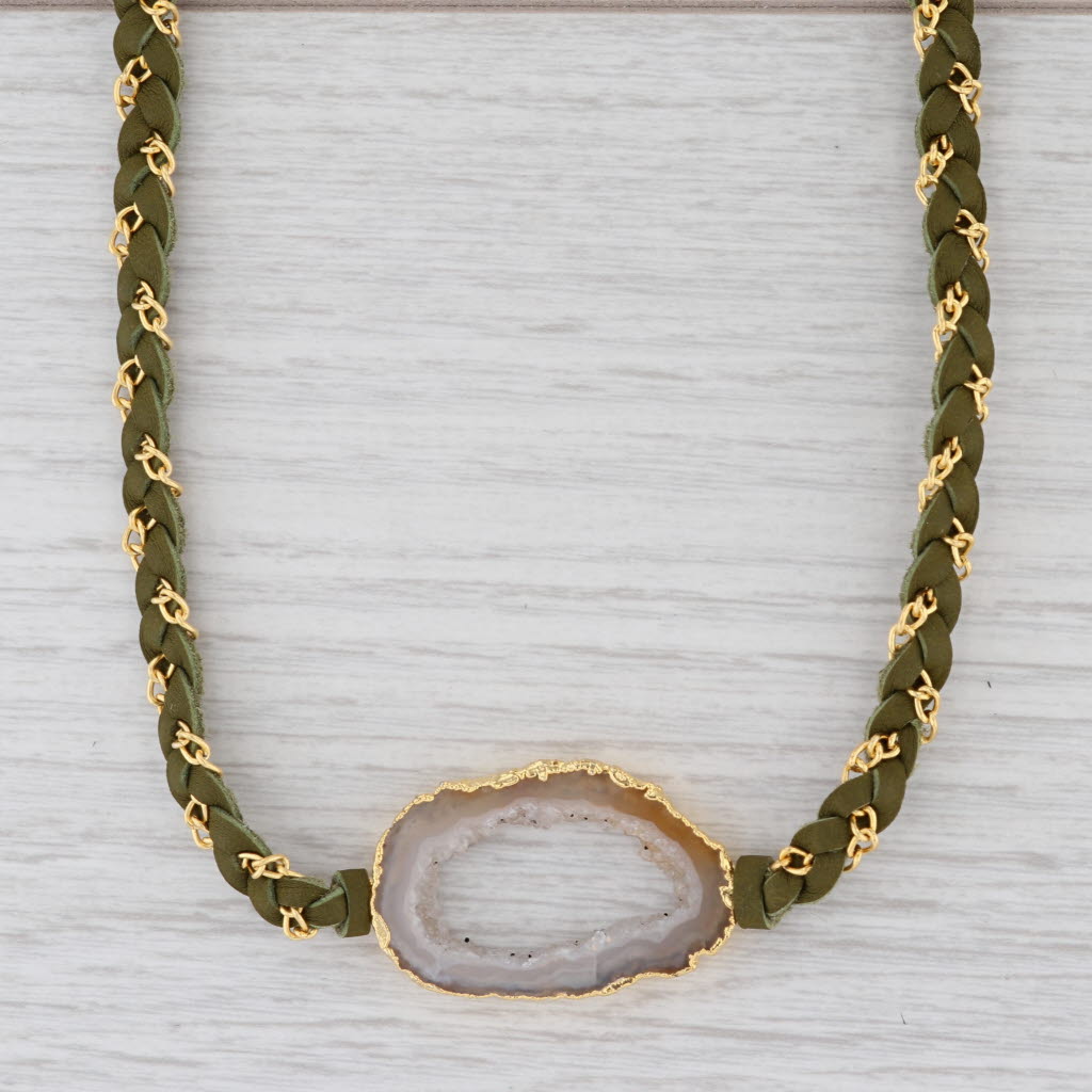 Light Gray New Nina Nguyen Cordelia Necklace Druzy Geode Woven Green Leather