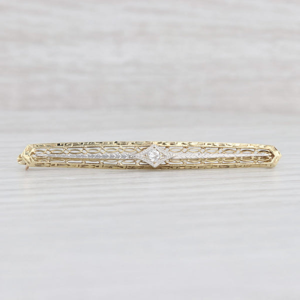 Light Gray Vintage Diamond Filigree Bar Pin 14k Yellow Gold Brooch