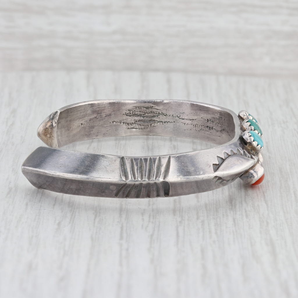 Light Gray Native American Cuff Bracelet Sterling Silver Coral Turquoise 6.5" 12.2mm