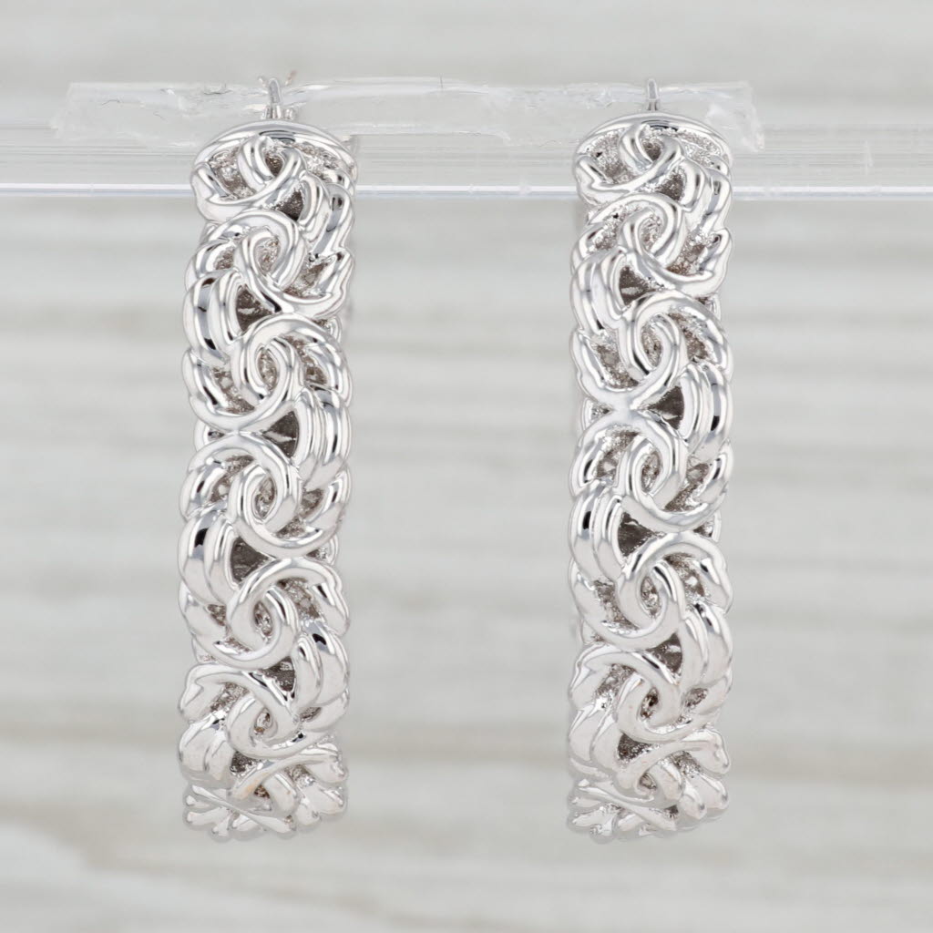 Light Gray Byzantine Hoop Earrings 14k White Gold Snap Top Round Hoops Statement