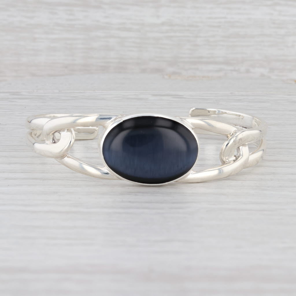 Light Gray New Blue Cats Eye Glass Cuff Bracelet Sterling Silver 6.5" 925 Statement