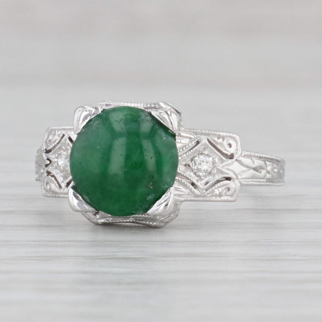 Light Gray Vintage Green Jadeite Jade Diamond Ring 18k White Gold Size 6.75