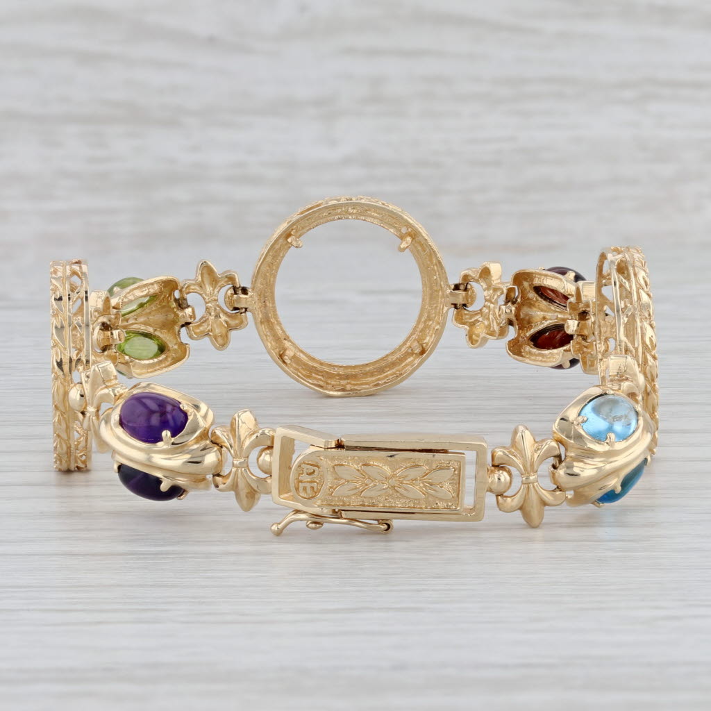Gray Gemstone Coin Holder Bracelet 14k Yellow Gold Holds 1/10 American Gold Eagles