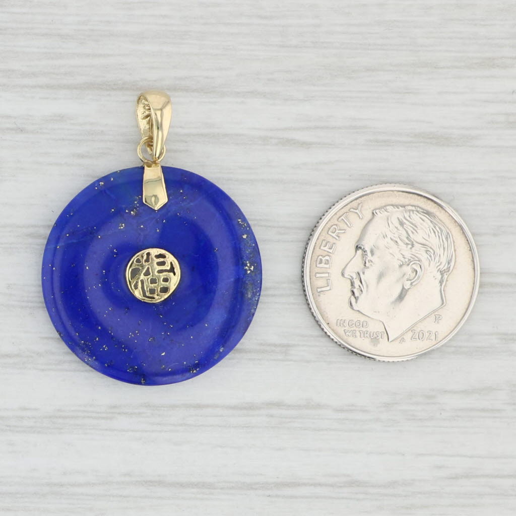 Light Gray Chinese Good Luck Blue Lapis Lazuli Hololith Pendant 14k Yellow Gold