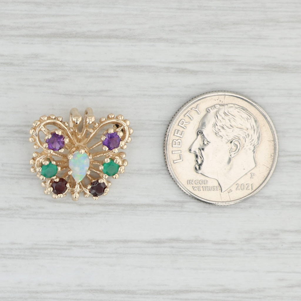 Light Gray Gemstone Butterfly Pendant 14k Yellow Gold Opal Amethyst Chalcedony Garnet
