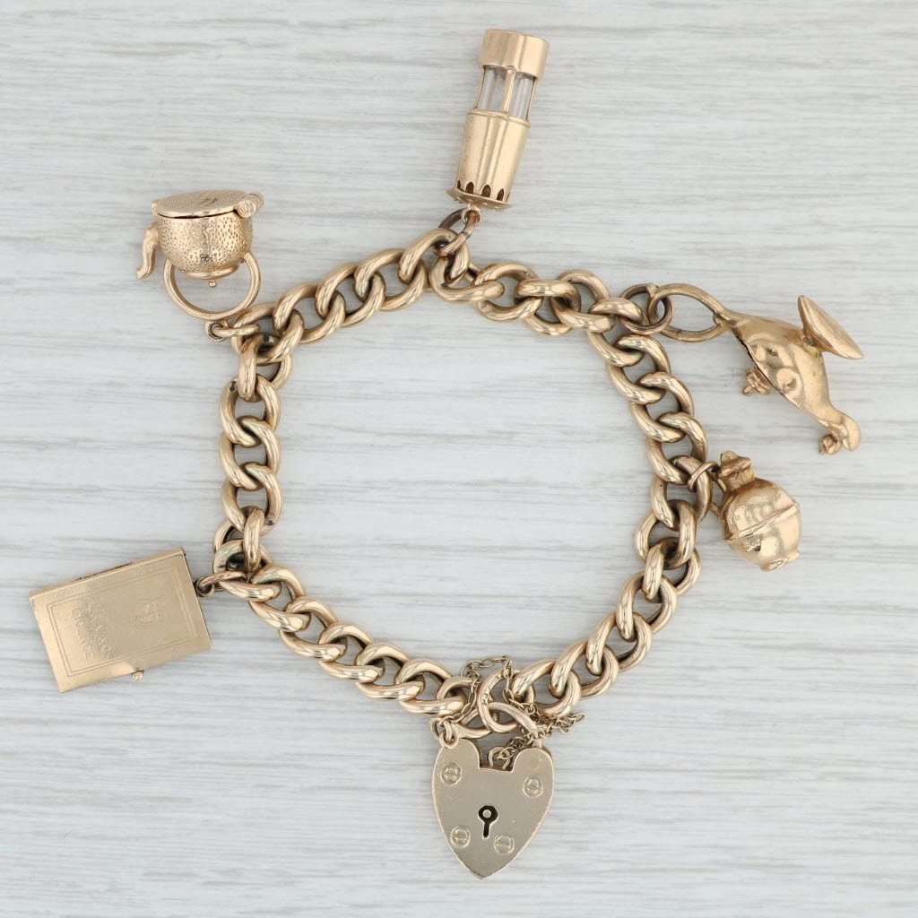 Vintage Charm Bracelet 9k Gold Tea Pot Lantern Grecian Lamp Heart 7 C –  Jewelryauthority