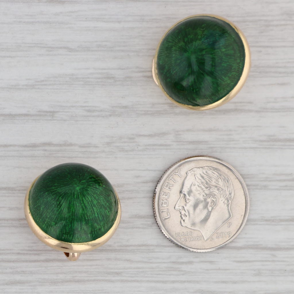 Gray Green Enamel Button Earrings 14k Yellow Gold Clip On Omega Backs