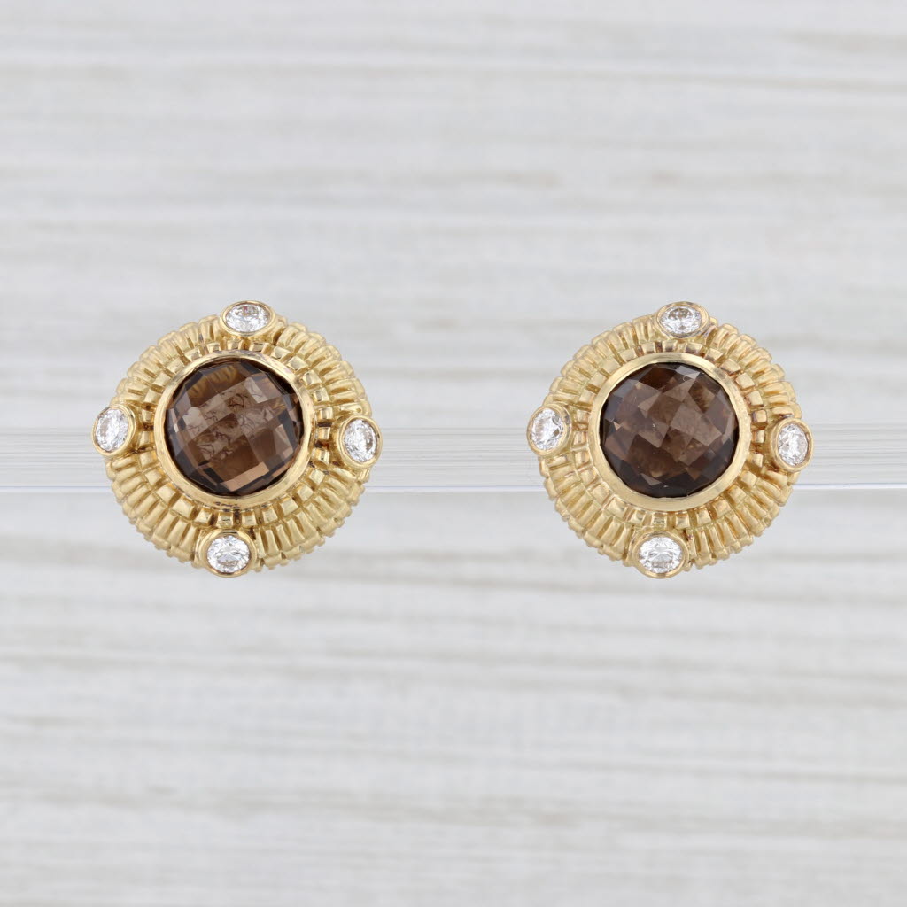 Light Gray Judith Ripka 4.48ctw Smoky Quartz Diamond Earrings 18k Yellow Gold Button Studs