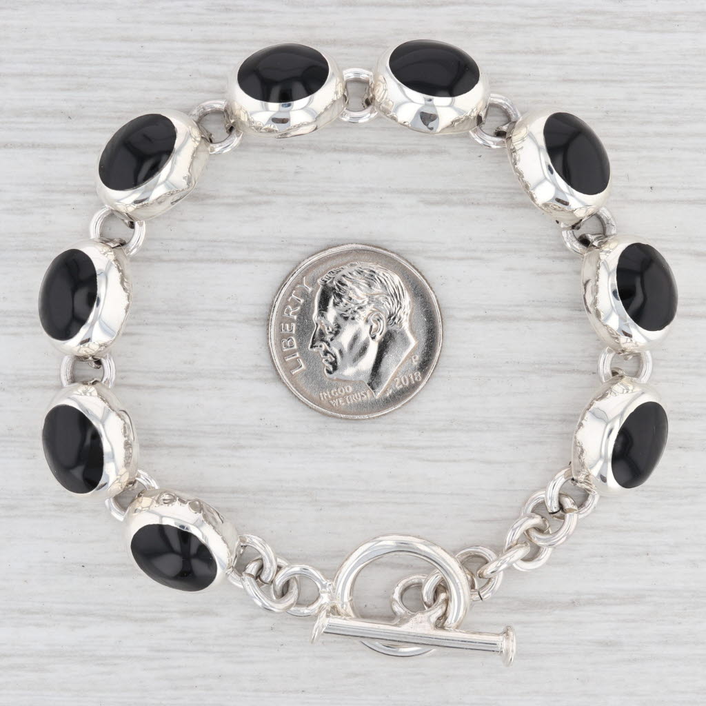 Light Gray New Black Resin Oval Link Bracelet Sterling Silver Toggle Clasp 6.5" 10mm