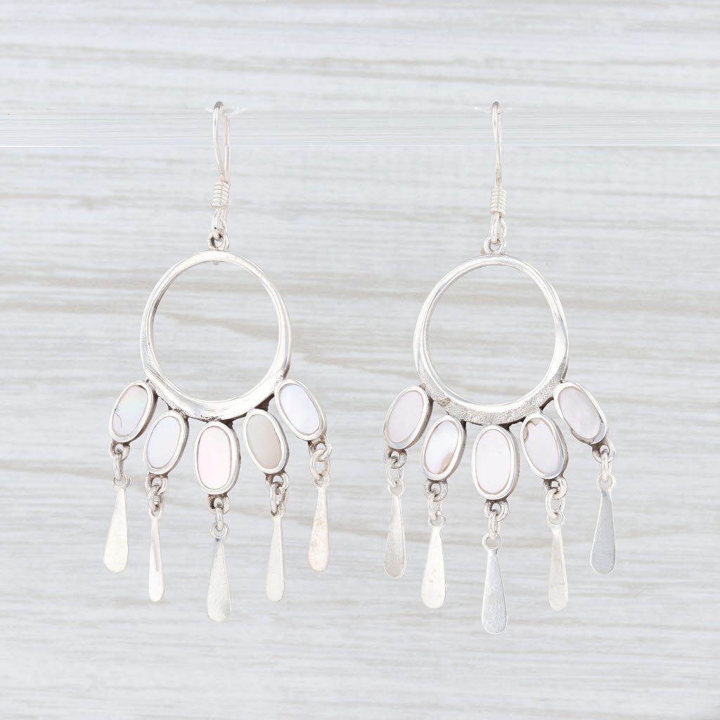 Light Gray New Mother of Pearl Fringe Circle Earrings Sterling Silver Hook Posts Dangle
