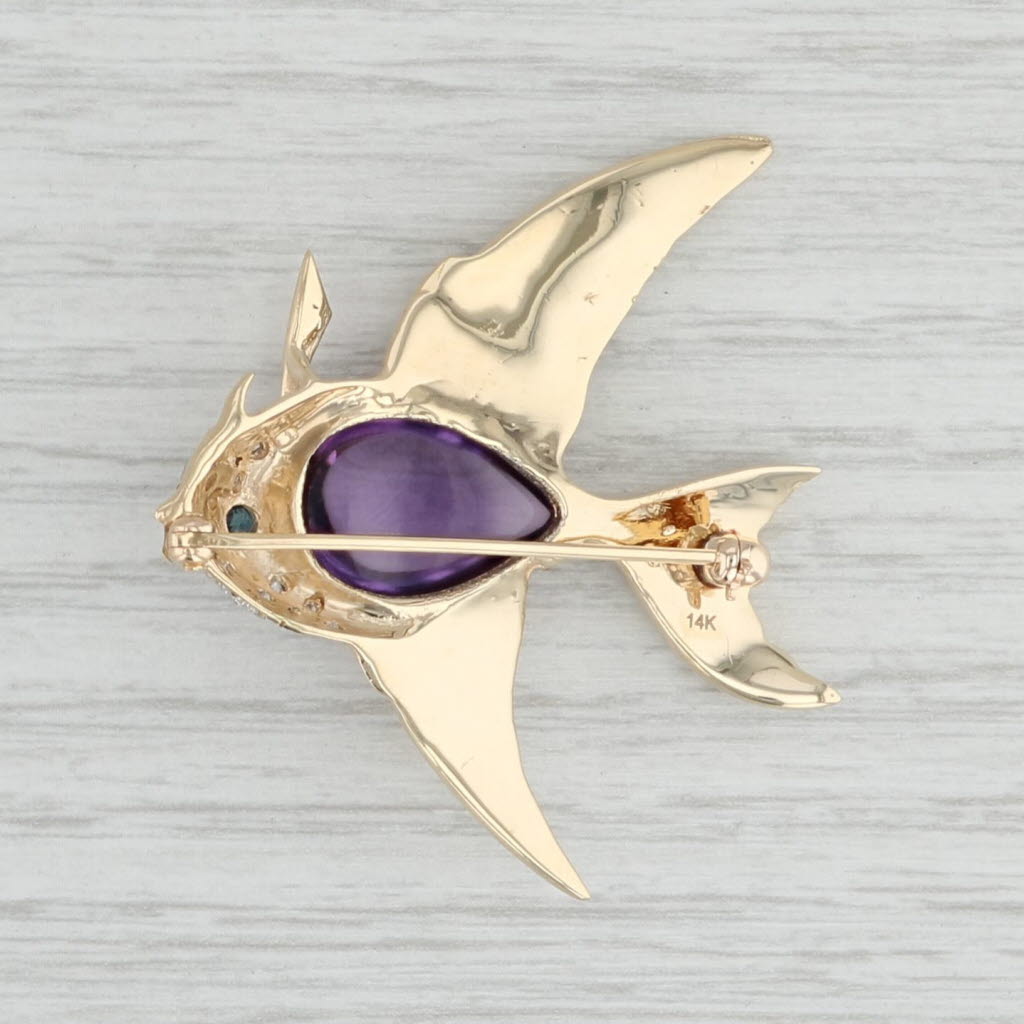 Light Gray 6.80ctw Amethyst Diamond Sapphire Angel Fish Brooch 14k Gold Statement Pin