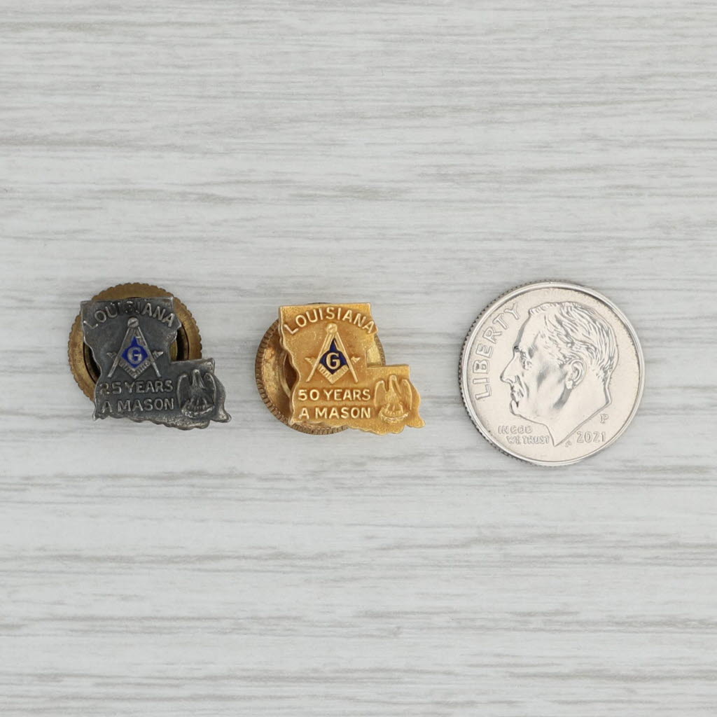 Gray Louisiana Masonic Pins 25 Years 50 Years Mason Set of 2 Lapels 10k Gold Silver