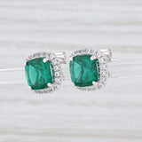 Light Gray New Synthetic Emerald Synthetic White Sapphire Halo Stud Earrings 14k White Gold