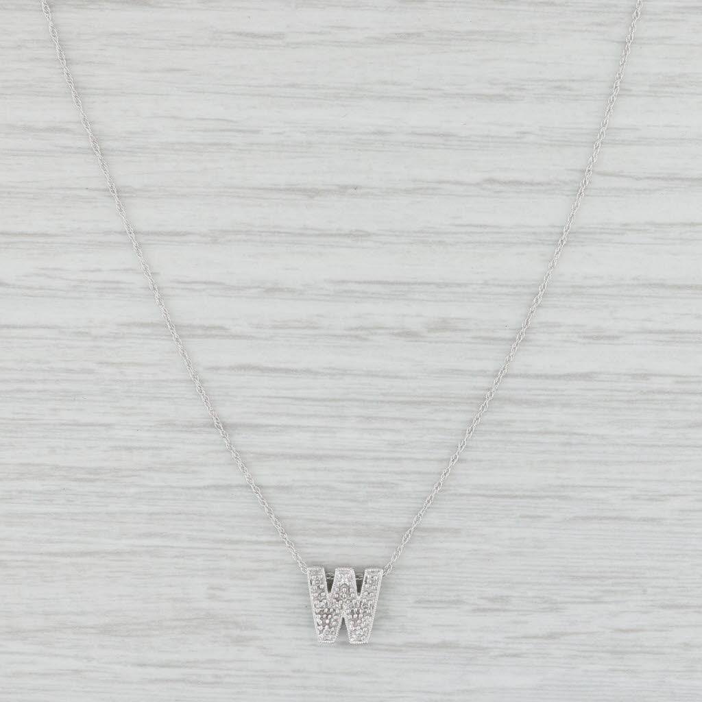 Light Gray Diamond Letter "W" Pendant Necklace 14k White Gold 18" Rope Chain