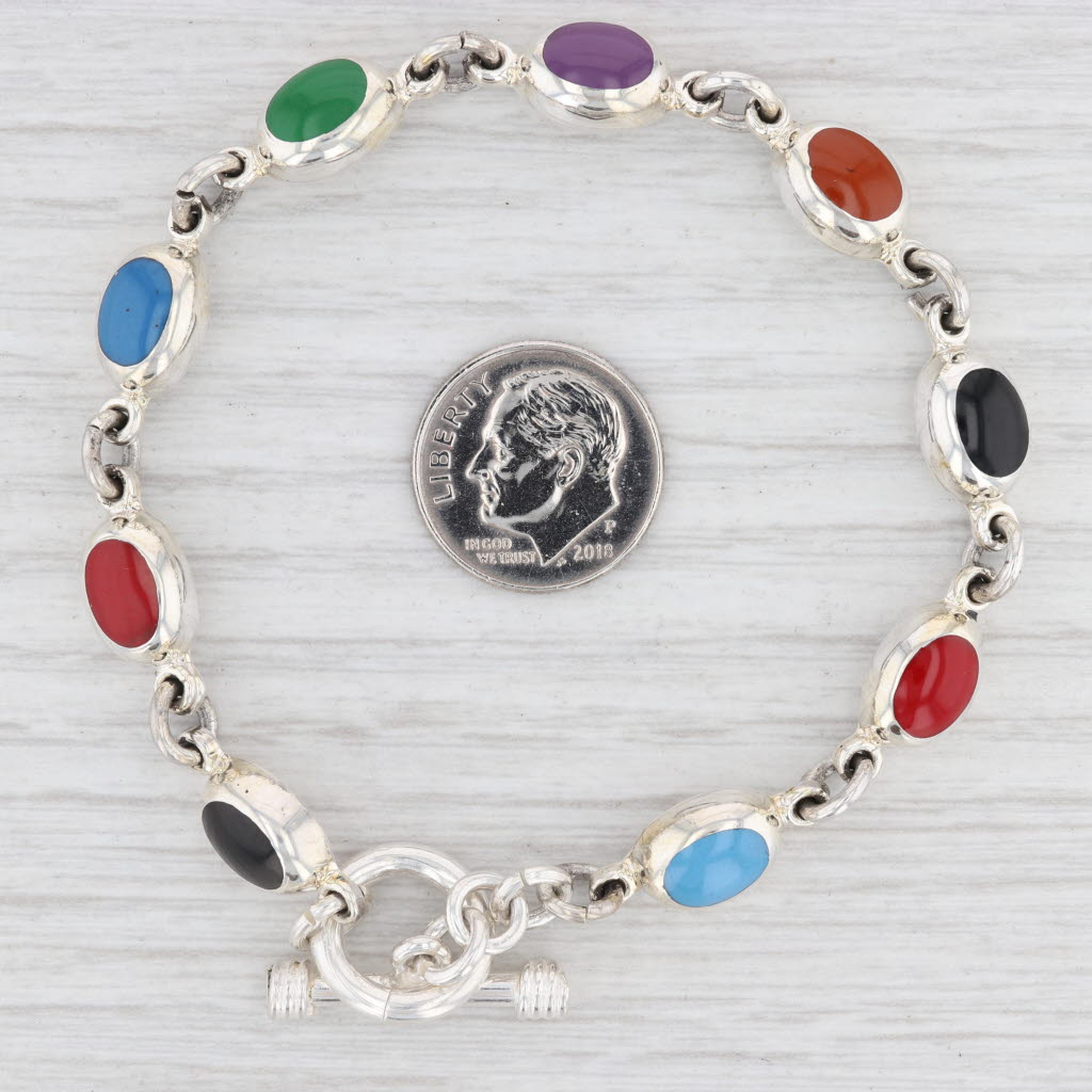 Light Gray New Multi-Color Resin Bracelet Sterling Silver 7.5” 7.9mm Toggle Clasp