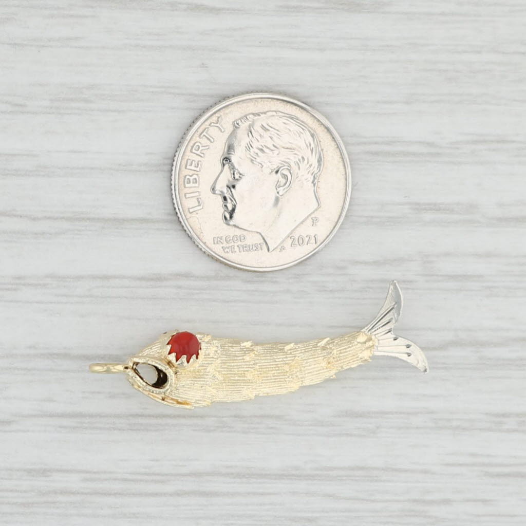 Light Gray Vintage Glass Eyed Fish Pendant 14k Yellow White Gold Charm