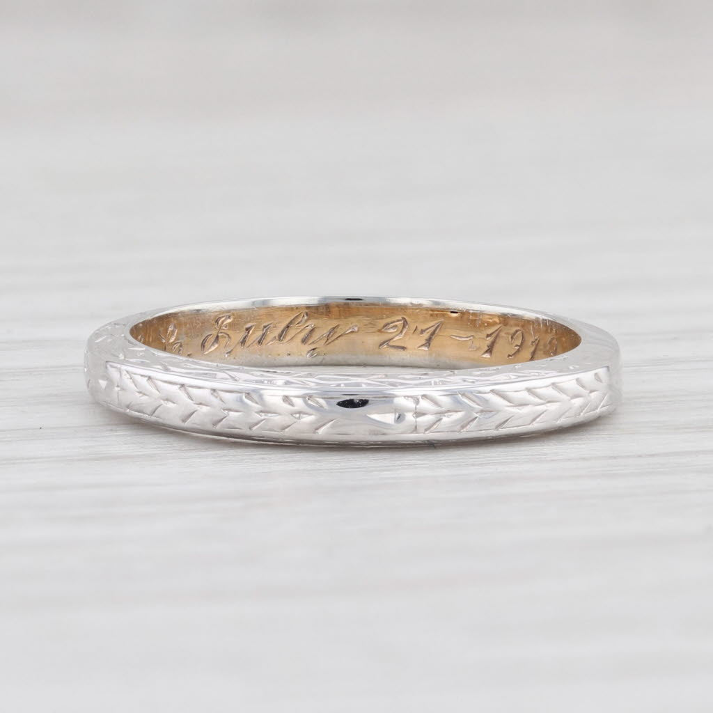 Light Gray Anitque Caldwell Band 18k White Gold Wheat Etched Wedding Ring Size 6.5 Engraved