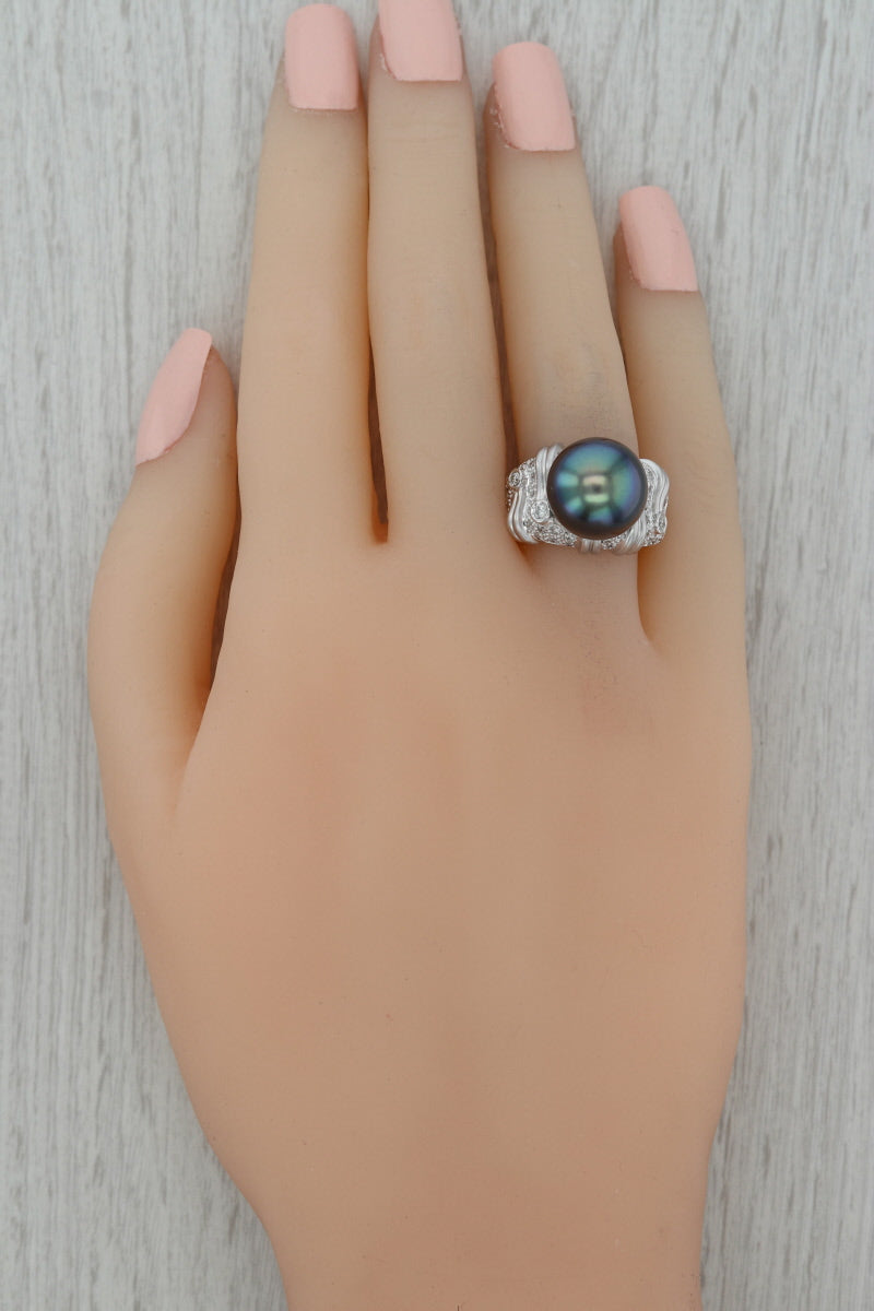 Rosy Brown Cultured Black Pearl Diamond Cocktail Ring 18k White Gold Size 6.5 High Carat