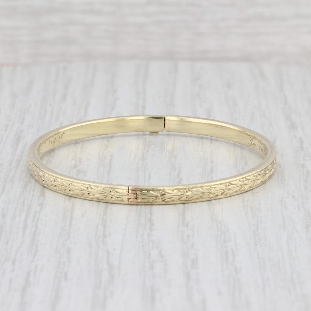 Light Gray Small Vintage Flower Bangle Bracelet 14k Yellow Gold 6" 3mm