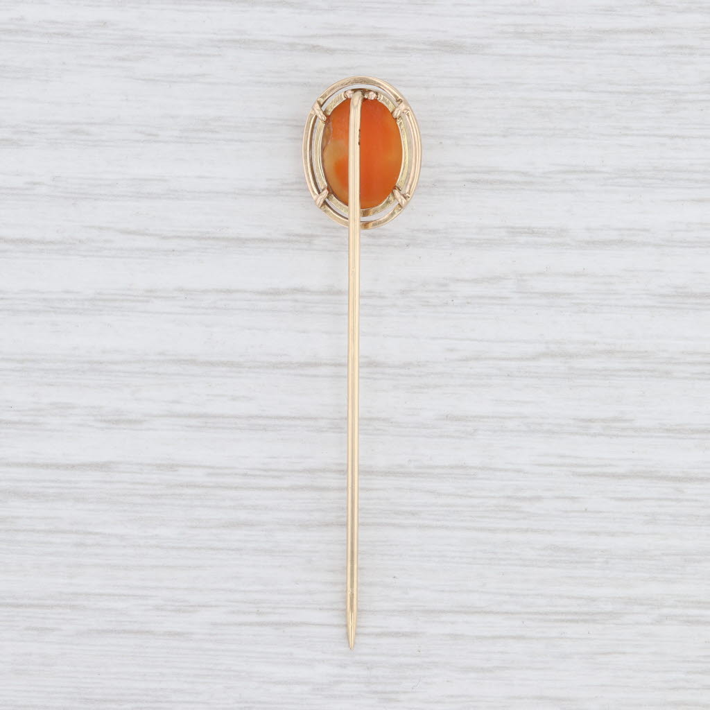 Light Gray Cameo Stickpin 14k Yellow Gold Carved Shell Enamel Vintage Pin