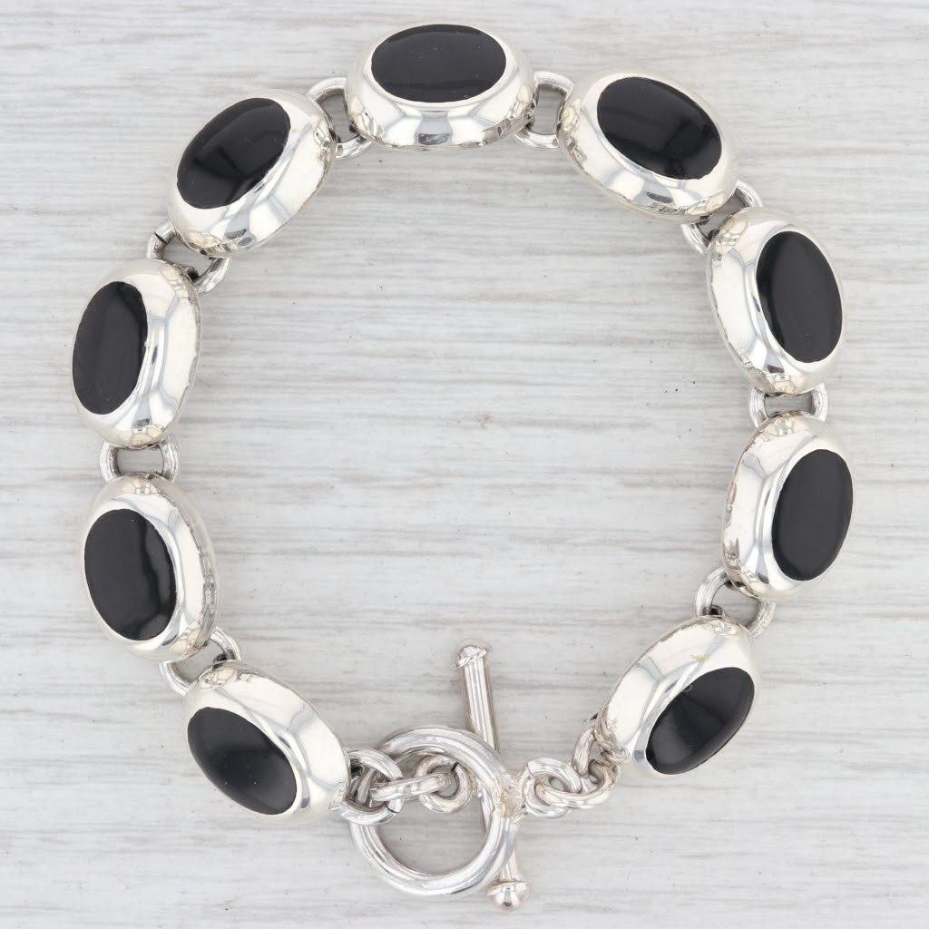 Light Gray New Black Resin Link Bracelet Sterling Silver 7.5” 12.3mm Toggle Clasp