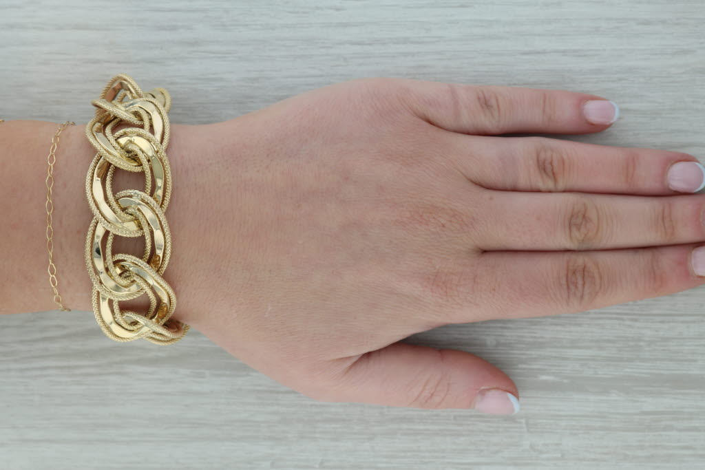 Dark Gray Curb Chain Statement Bracelet 14k Yellow Gold Italian 6.75" 22mm