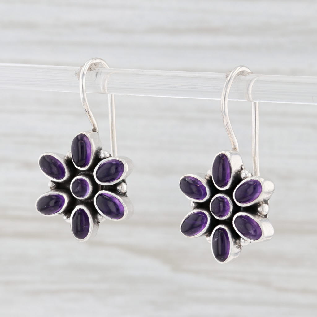 Light Gray Amethyst Flower Earrings Sterling Silver Floral Purple Gemstone Hook Post