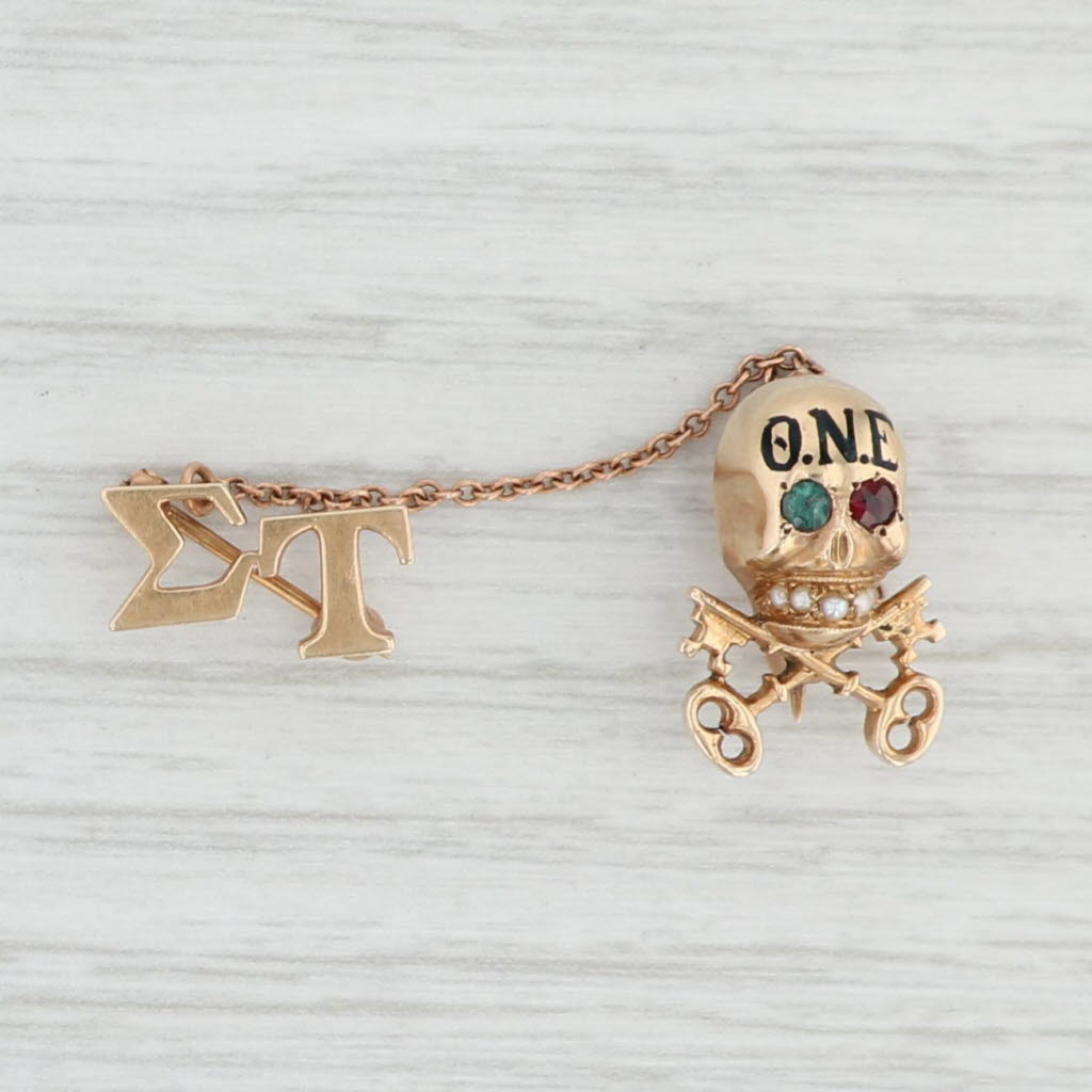 Light Gray Vintage Theta Nu Epsilon Skull Badge 14k Gold Pearl Garnet Glass Pin