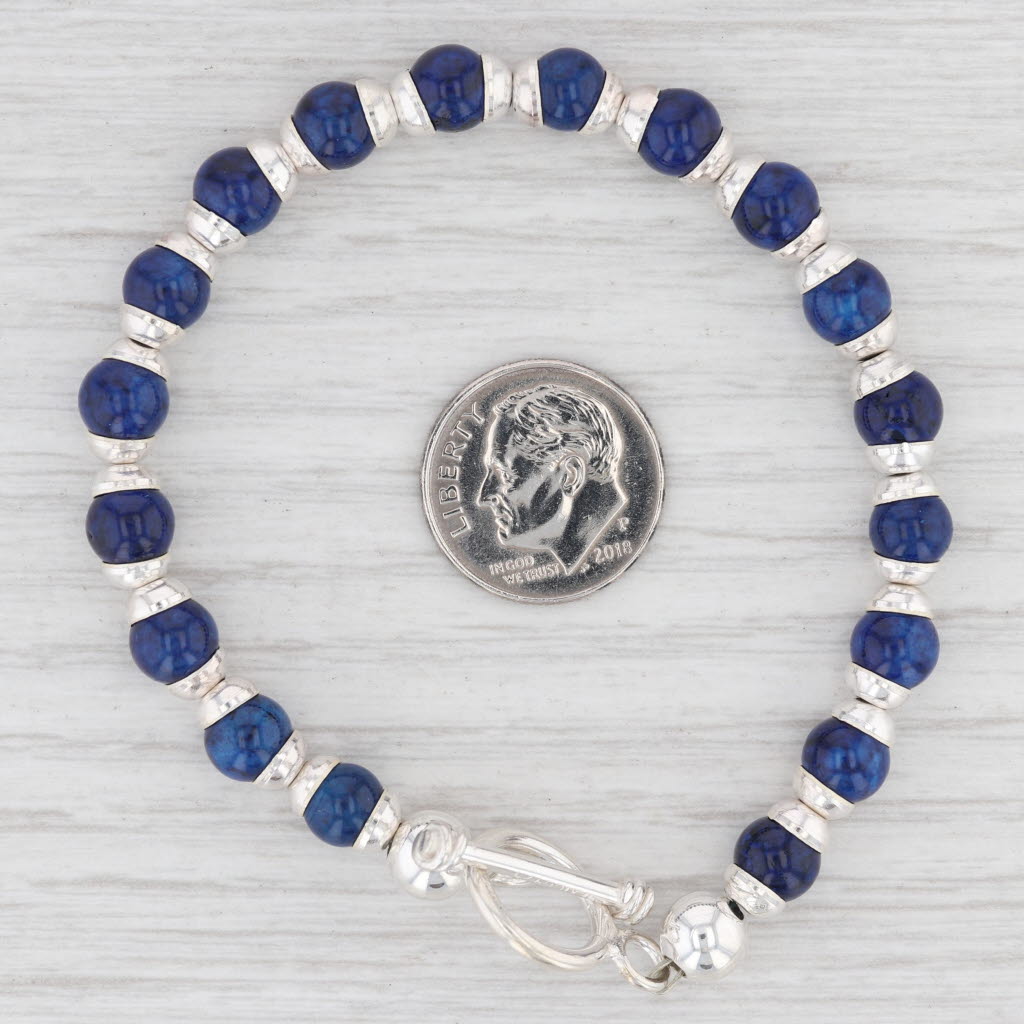 Light Gray New Blue Glass Bead Bracelet 7.25" Sterling Silver Toggle Clasp Statement