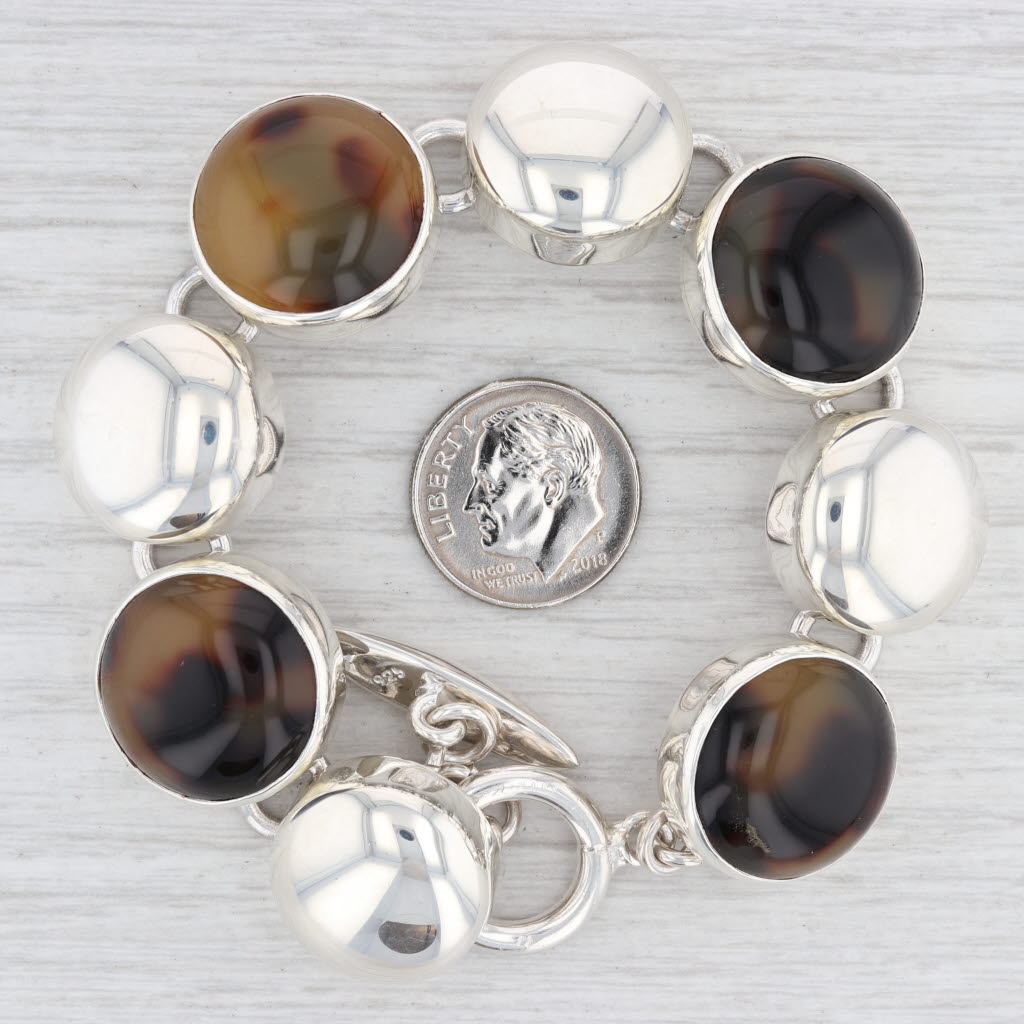 Light Gray New Brown Resin Circle Link Bracelet Sterling Silver Toggle Clasp 7.5" 19.5mm