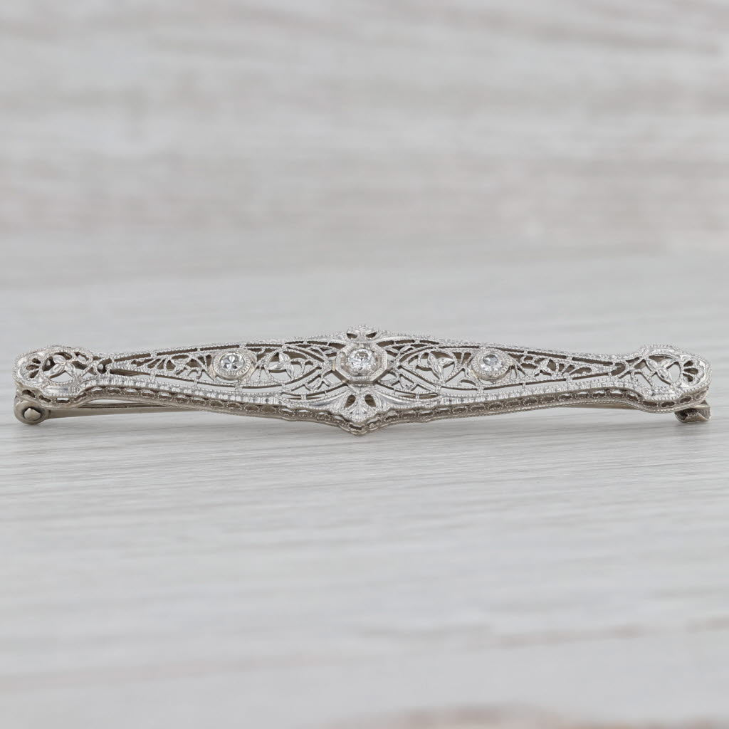 Gray Art Deco 0.11ctw Diamond Filigree Bar Brooch 14k White Gold Platinum Pin
