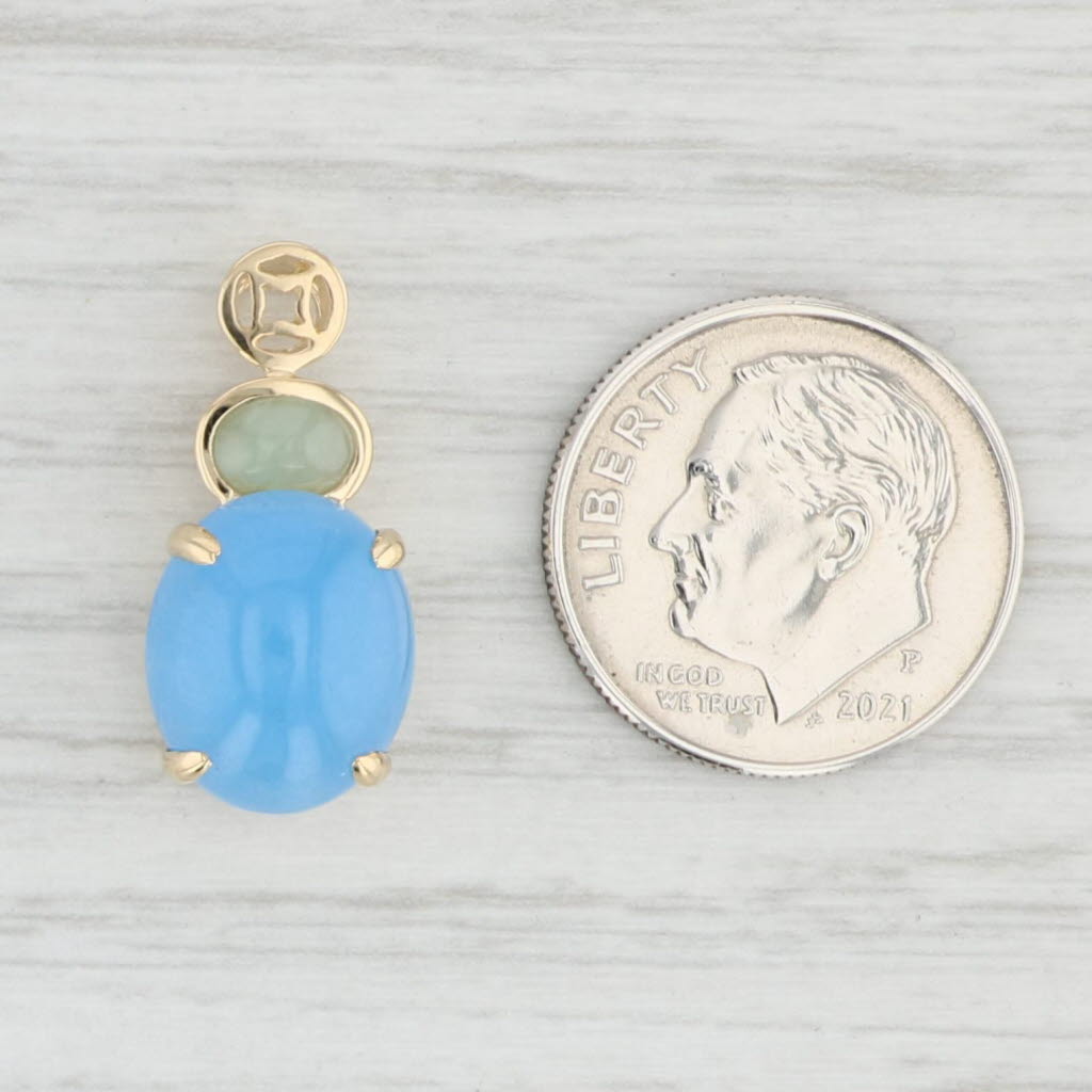 Light Gray Blue Green Jadeite Jade Pendant 14k Yellow Gold Oval Cabochons