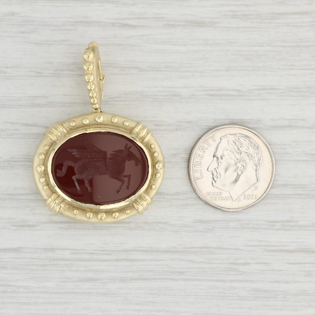 Light Gray Vintage Carved Chalcedony Pegasus Pendant 14k Yellow Gold Enhancer Fob Statement